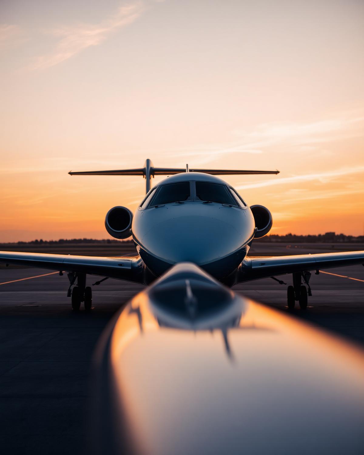 Jet privé stationné sur un tarmac au crépuscule, escalier déployé.