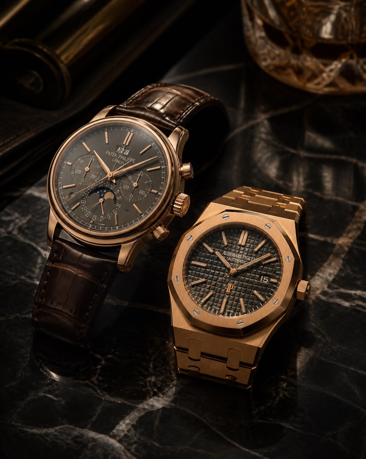 Montre de luxe posée sur un écrin en cuir près d'un carnet.