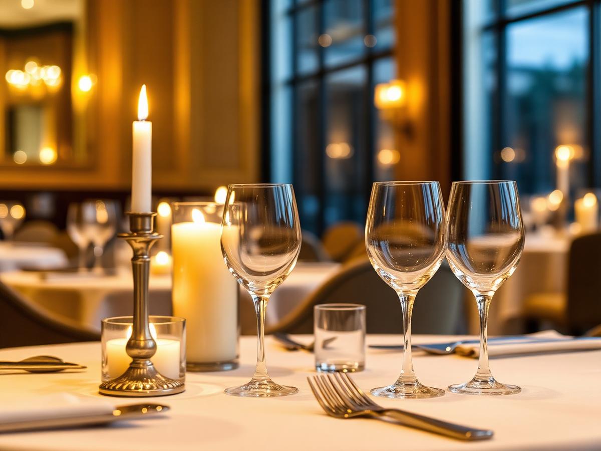 Table dressée dans un restaurant intimiste éclairé à la bougie.
