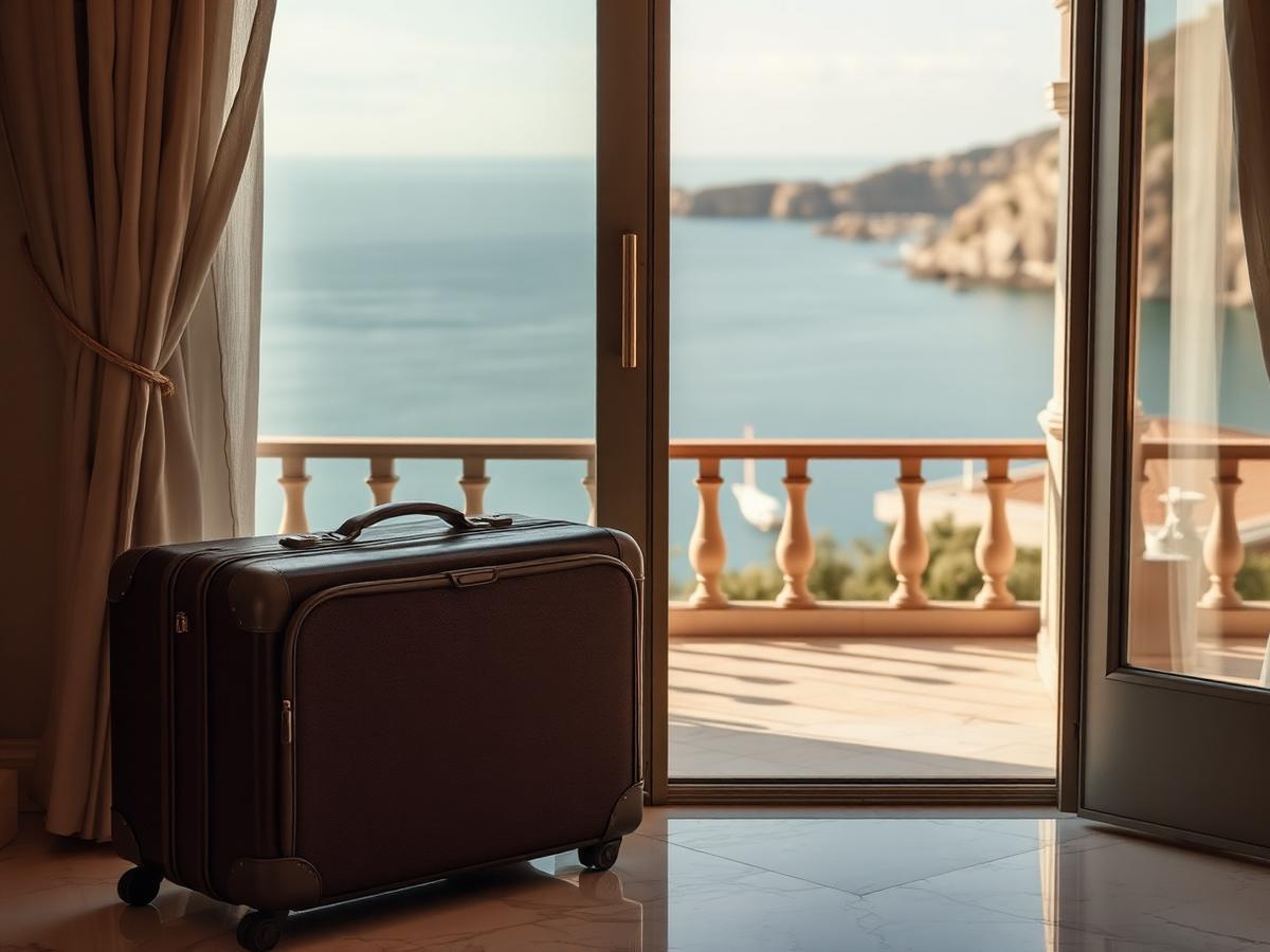 Plage privée bordée d'une villa méditerranéenne au coucher du soleil.